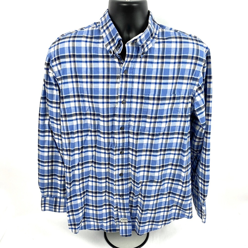 Izod Large Men's Shirt Plaid‎ Blue White Long Sleeve 100% Cotton Button Down